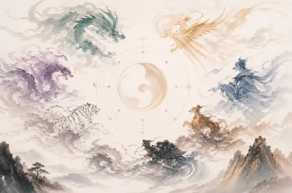 奇门遁甲八神意象的中国水墨风配图，云雾山水中呈现直符、腾蛇、太阴、六合、白虎、玄武、九地、九天的神盘氛围