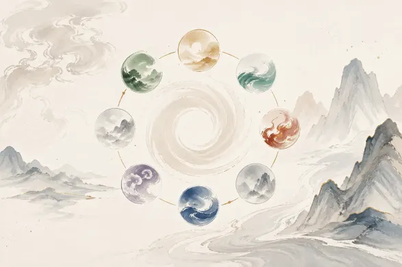 奇门遁甲八门意象水墨插画，山水云气与八门流转符号