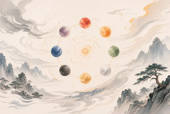 中国画风格的奇门遁甲九星意象图，山水云气之间呈现九星环绕天盘的画面
