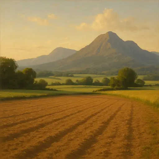 Peaceful farmland and lofty mountains, showcasing earth&rsquo;s steadiness and warmth.