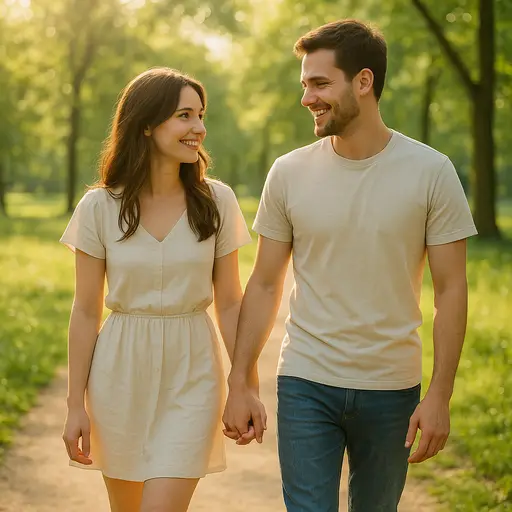 Couple walking in a park, showing a sweet and harmonious atmosphere