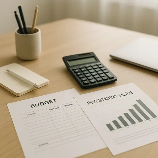 整洁的办公桌面，展示财务管理工具与预算表。