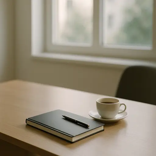 Minimalist office space, conveying focus and thoughtful atmosphere