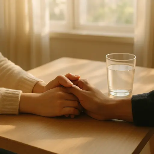 象征感情与现实平衡的手握场景，简约而温馨