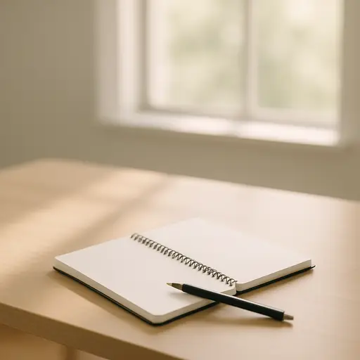 极简办公桌，柔和光线，专注工作的氛围。