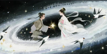 A romantic illustration of the legend of the Cowherd and the Weaver Girl meeting on the magpie bridge on the Qixi Festival