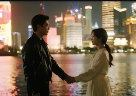 Romantic urban night view of modern couples' date on Qixi Festival