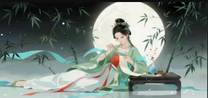Illustration of the traditional Qixi Festival custom of threading needles to pray for ingenuity