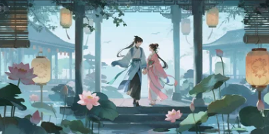 Chinese-style garden illustration of a couple holding hands on Qixi Festival