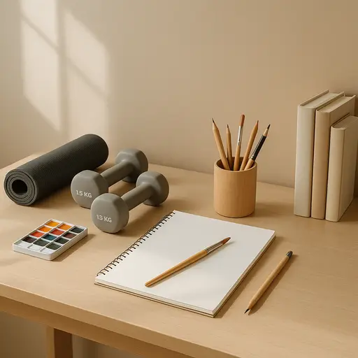 Minimalist desk displaying elements of exercise, creativity, and public service.