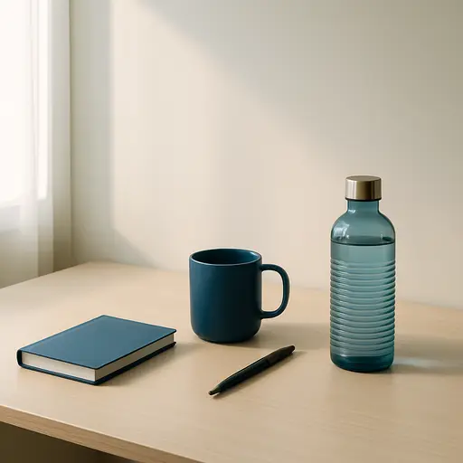 Minimalist desk with blue and black accents under soft lighting, reflecting balance and stability.