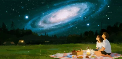 A romantic illustration of a couple stargazing and making wishes on the Qixi Festival