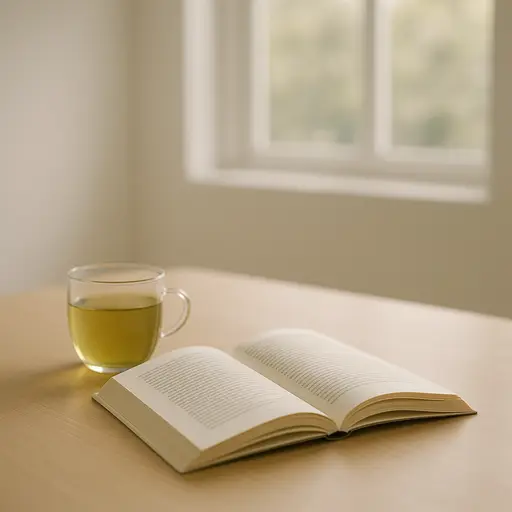 Peaceful study desk with tea and books paired under soft lighting.