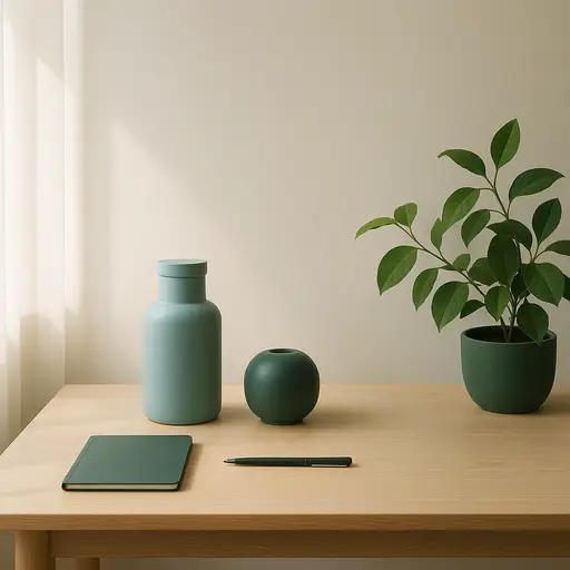 Tidy desk with aqua blue and forest green accents, creating a calm atmosphere.