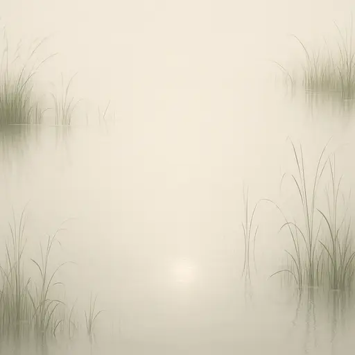 宁静的水面与水草，传达出平和与思考的氛围。