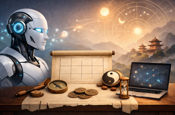 Clean horizontal illustration for Gemini BaZi reading, combining AI technology with traditional BaZi chart analysis elements