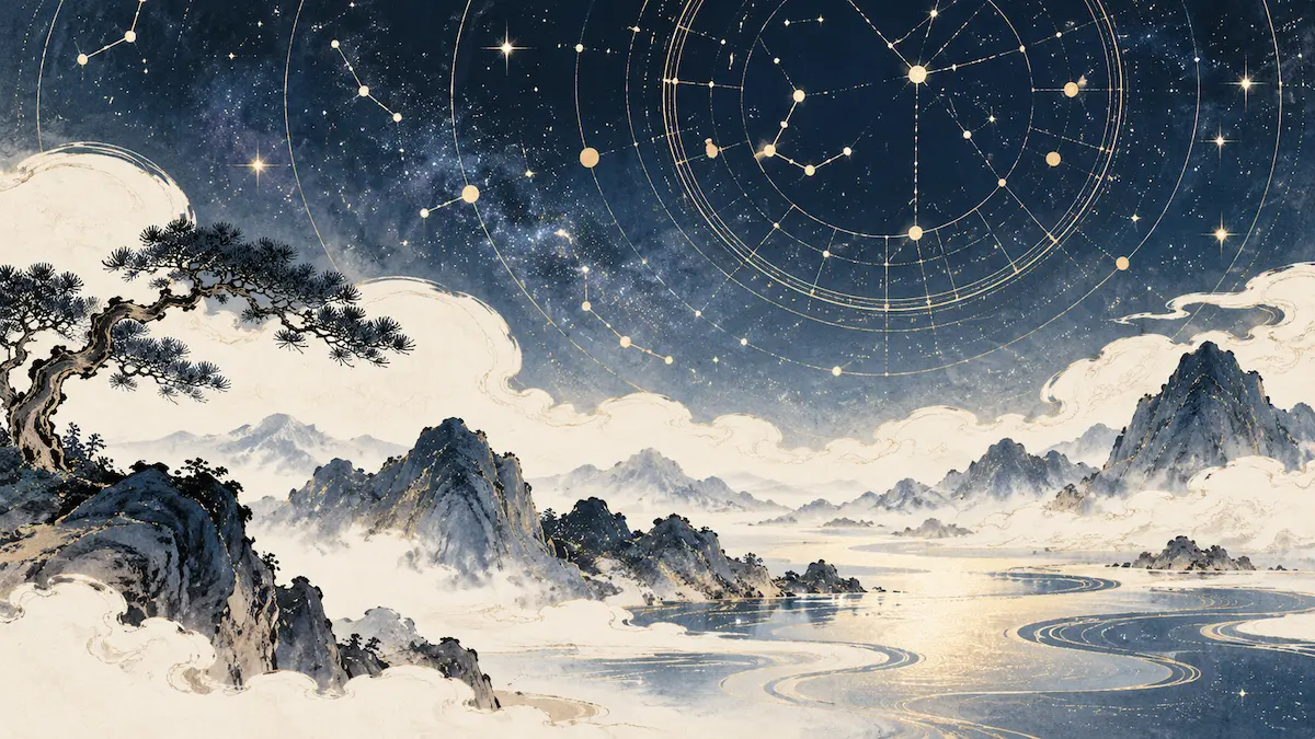 深蓝色星空中的金色星盘与星宿，映衬云雾缭绕的水墨山川，象征八字贵人神煞中的福禄、才华与贵人扶助。