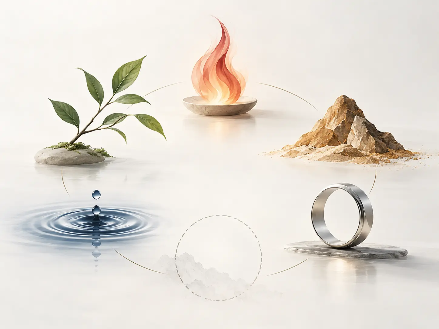 Missing elements in BaZi illustration showing Wood, Fire, Earth, Metal, Water, and an empty circle symbolizing a missing element.