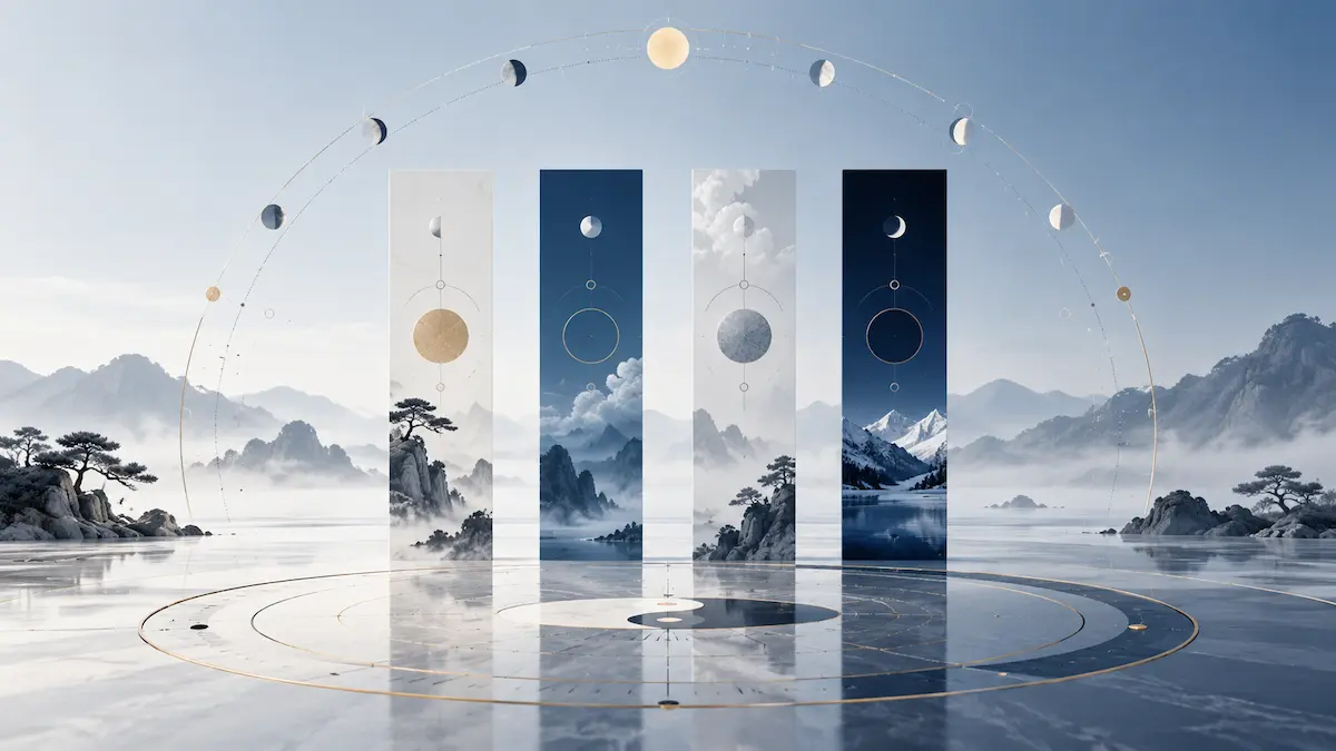 Illustration of the Four Pillars of BaZi with celestial cycles representing time and chart calculation
