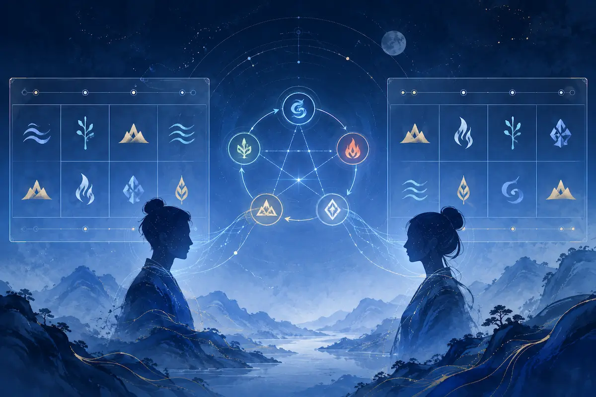 两个人的八字命盘并列展示,用于分析双方合婚关系