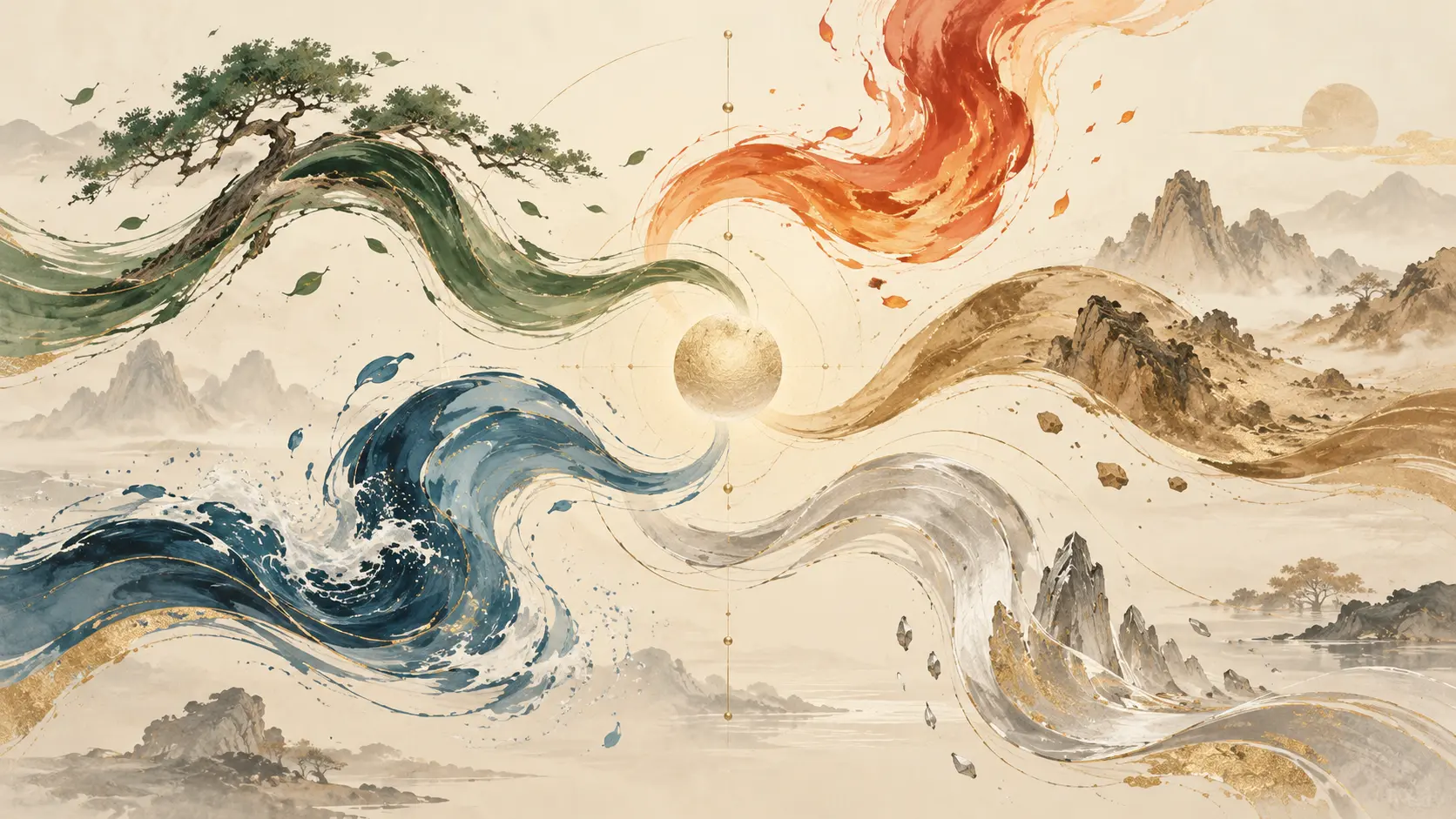 BaZi Support and Restraint (Fu Yi) Method illustration showing the Five Elements interacting in a balanced flow.