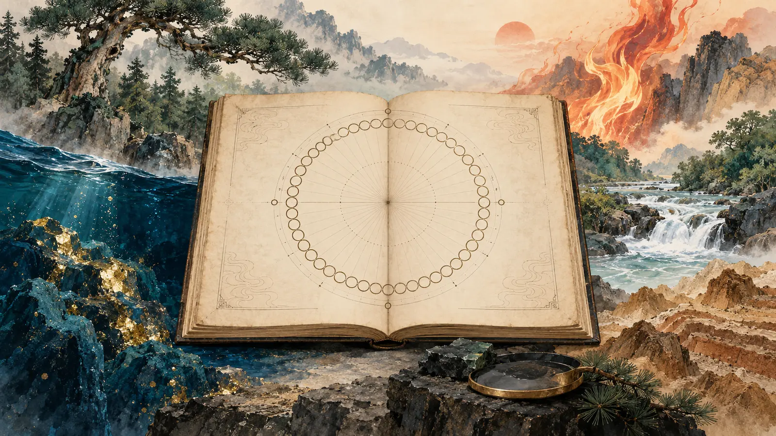 The 60 Jiazi surrounded by symbolic images of Metal, Wood, Water, Fire, and Earth in the Nayin system