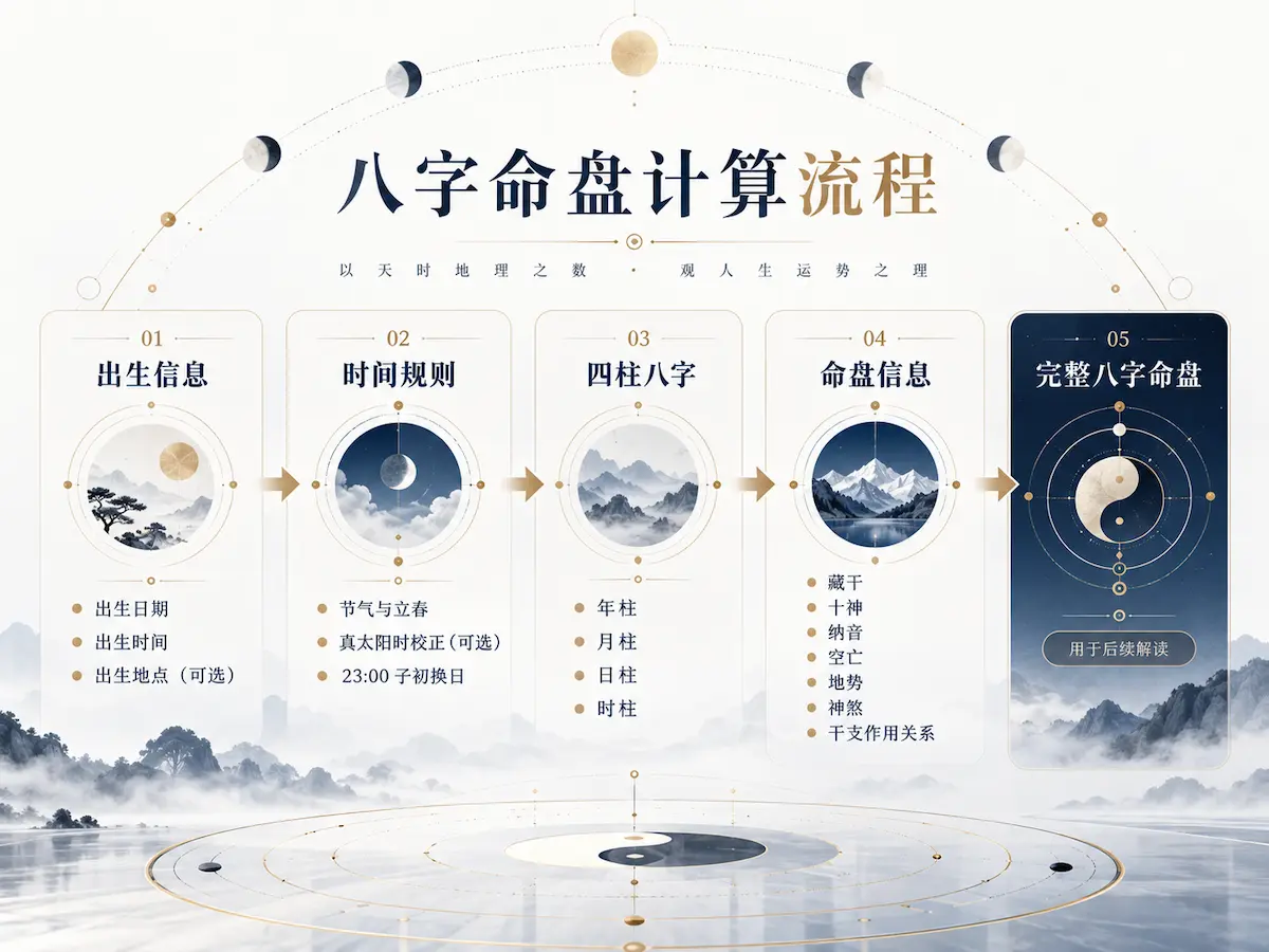 八字命盘计算流程图:从出生信息、时间规则、四柱八字到藏干、十神、纳音等命盘信息