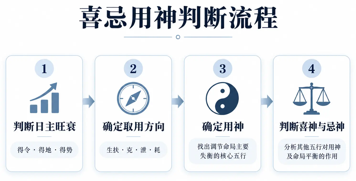 八字喜忌用神判断流程图,展示判断日主旺衰、确定取用方向、选择用神以及判断喜神与忌神的四个步骤。
