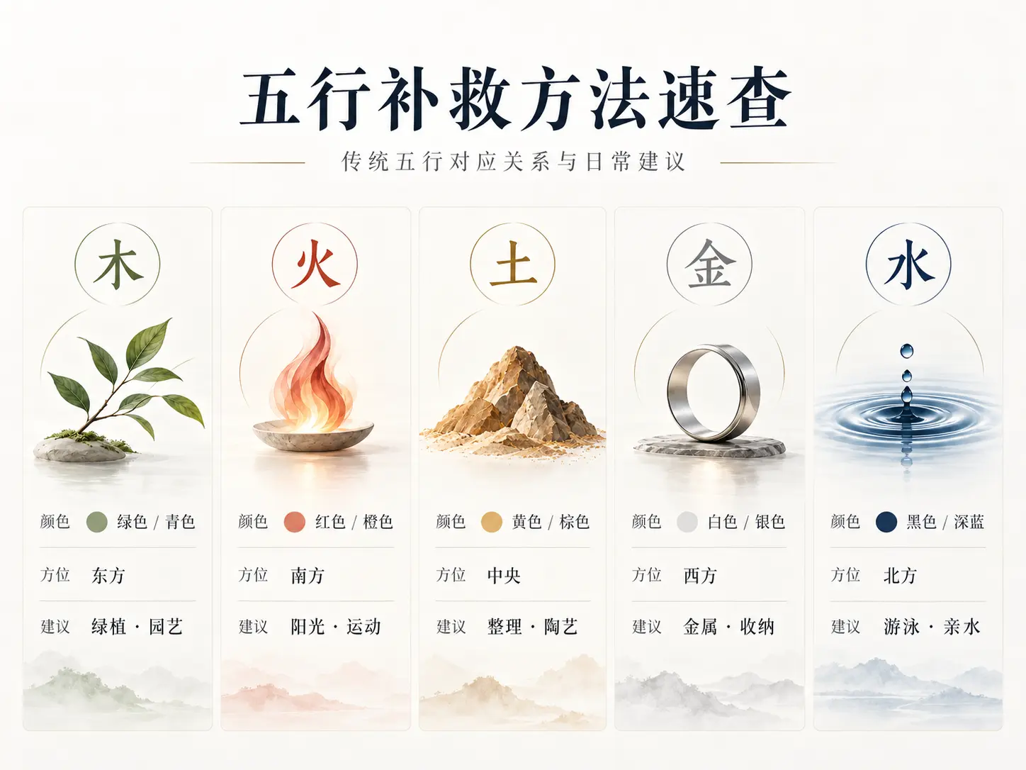 八字五行缺失补救方法速查图，展示木、火、土、金、水对应的颜色、方位及日常调整建议。