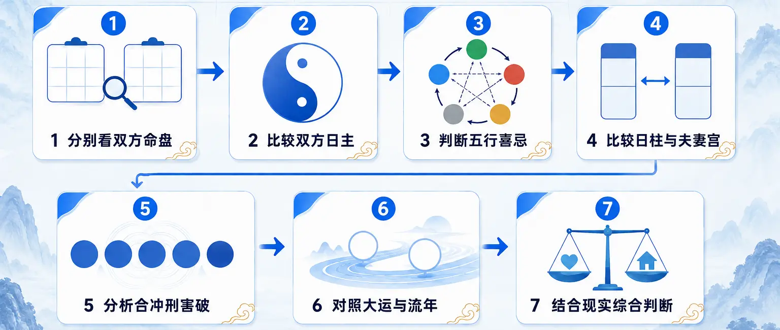 八字合婚的七个判断步骤,包括双方命盘、日主、五行喜忌、夫妻宫、干支关系、大运流年和综合判断