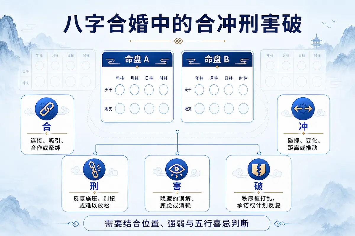 两张八字命盘之间合冲刑害破关系的比较示意图