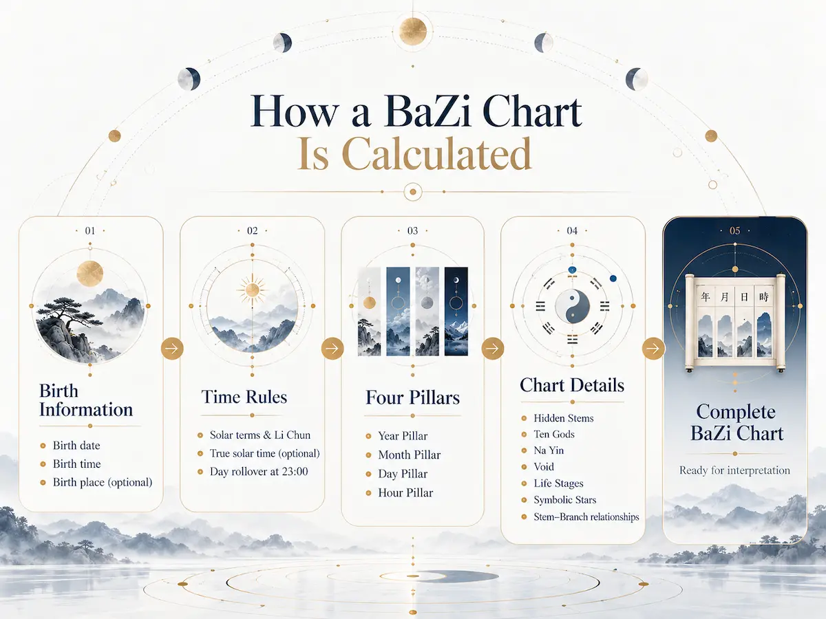 How a BaZi chart is calculated, from birth information and time rules to the Four Pillars, Ten Gods, and other chart details