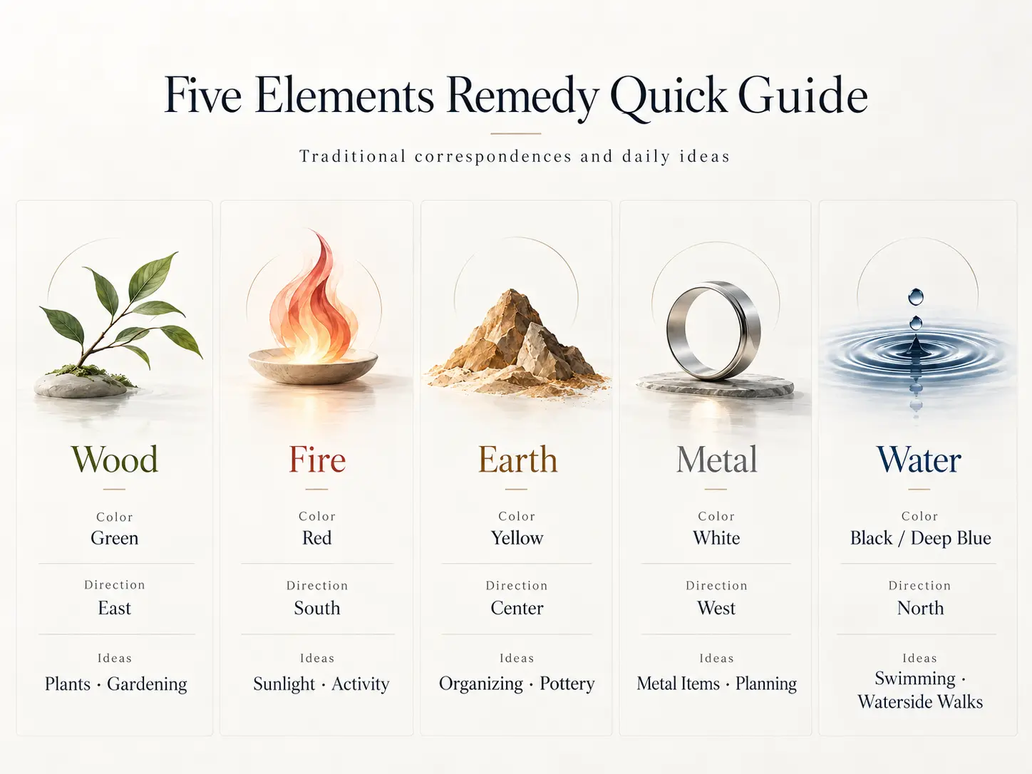 BaZi missing elements remedy guide showing colors, directions, and daily activities for Wood, Fire, Earth, Metal, and Water.