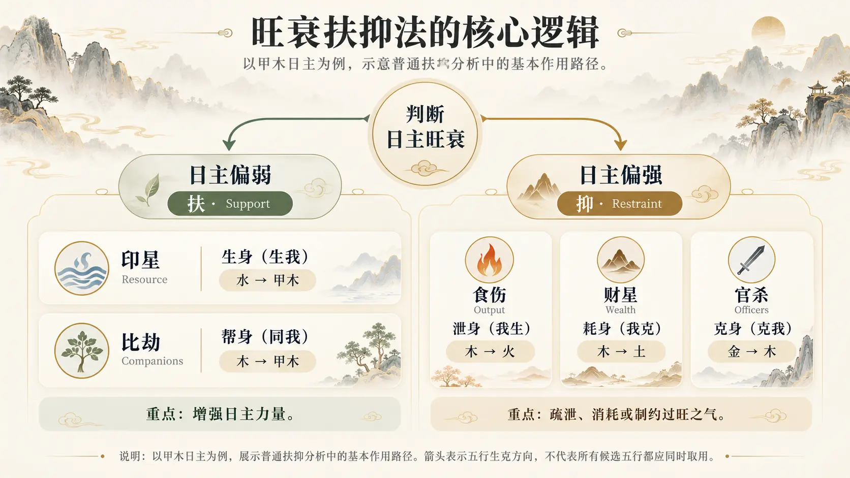 旺衰扶抑法判断流程图,以甲木日主为例,展示身弱时印星生身、比劫帮身,以及身强时食伤泄身、财星耗身、官杀克身的原理。