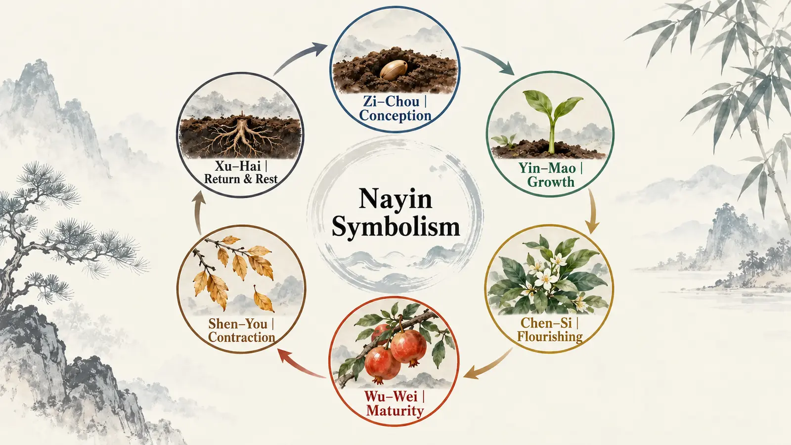 The six-stage Nayin cycle in San Ming Tong Hui, from Zi&ndash;Chou conception to Xu&ndash;Hai return and rest