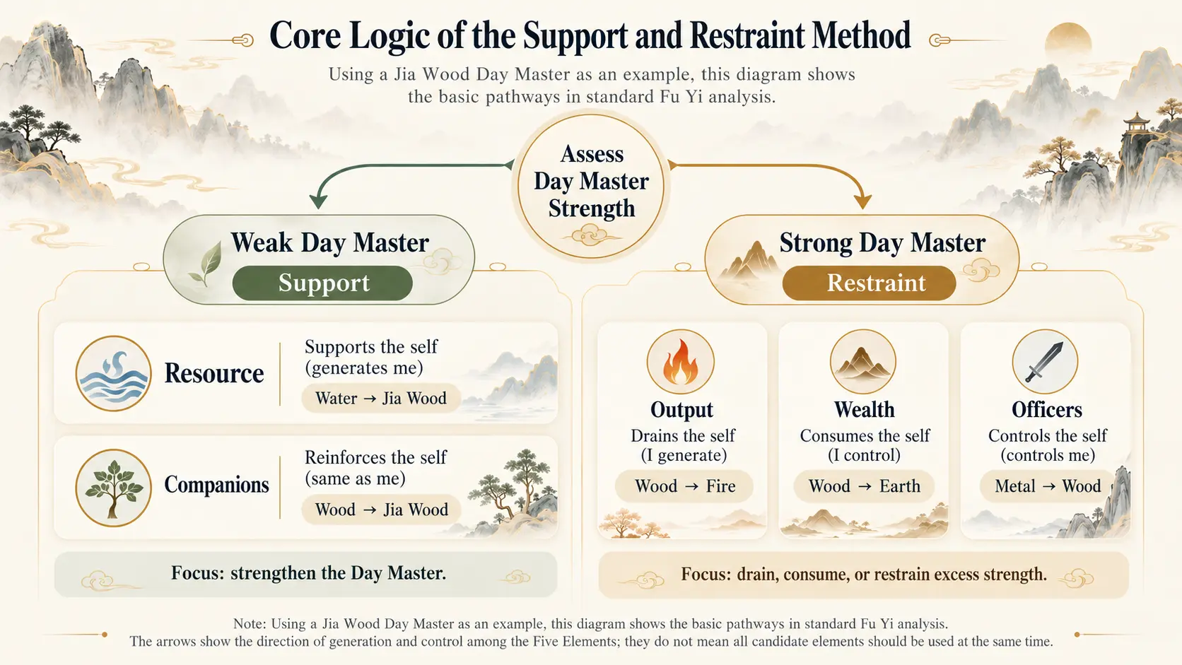 BaZi Support and Restraint (Fu Yi) Method diagram showing how Resource and Companion stars support a weak Jia Wood Day Master, while Output, Wealth, and Officer stars restrain a strong one.