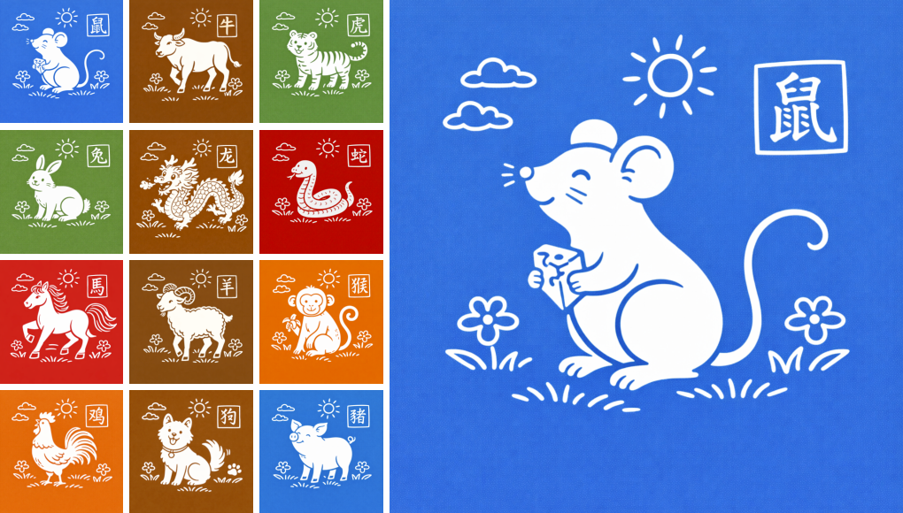 Diagram showing the position of the Rat in the Chinese zodiac system and the meaning of the Earthly Branch Zi