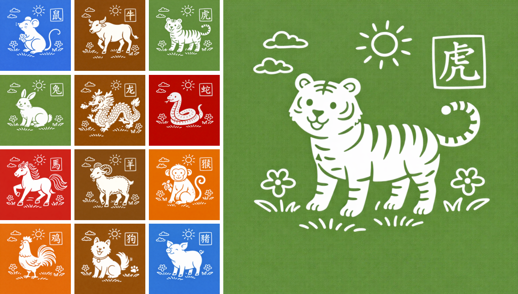 Diagram showing the Tiger&rsquo;s position in the 12-animal zodiac system and the meaning of the Earthly Branch Yin (寅)